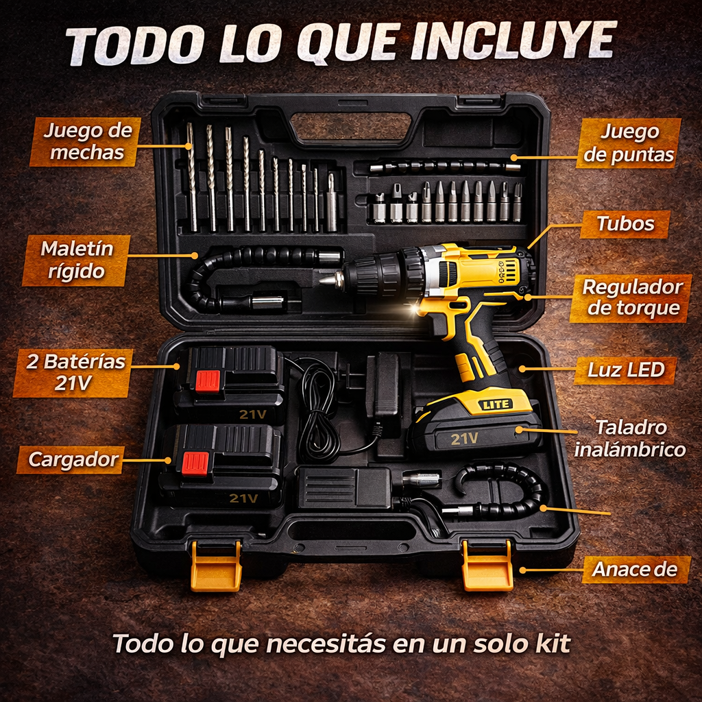 Taladro Inalámbrico – 2 Baterías, Maletín y Accesorios